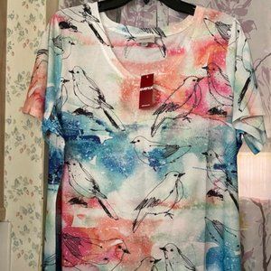Avenue V-Neck Watercolor Studded Bird Print 14/16